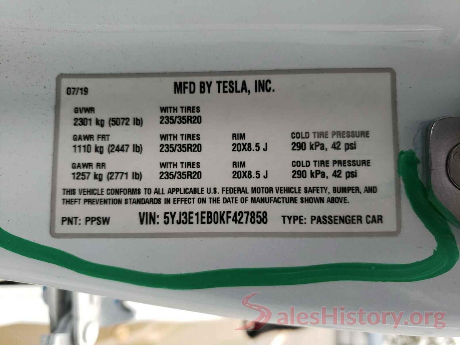 5YJ3E1EB0KF427858 2019 TESLA MODEL 3