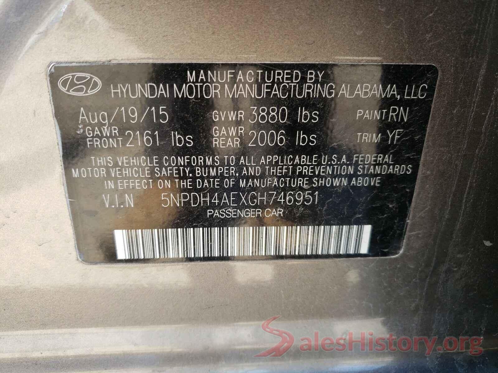 5NPDH4AEXGH746951 2016 HYUNDAI ELANTRA