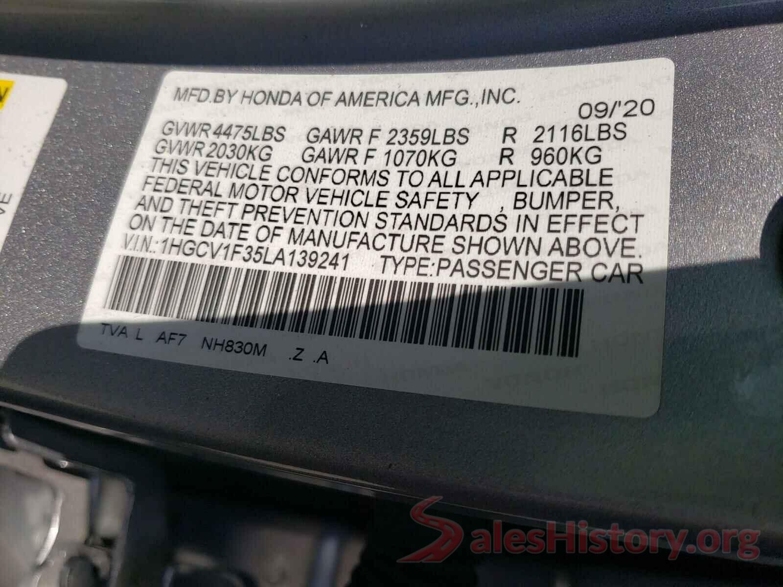 1HGCV1F35LA139241 2020 HONDA ACCORD