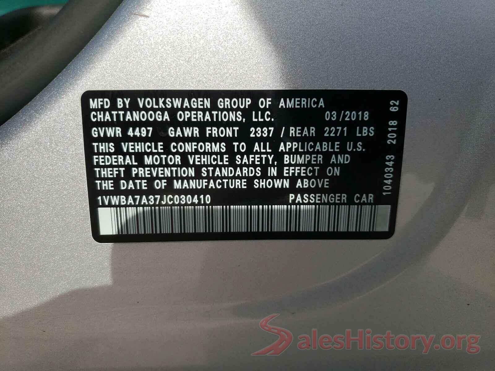 1VWBA7A37JC030410 2018 VOLKSWAGEN PASSAT