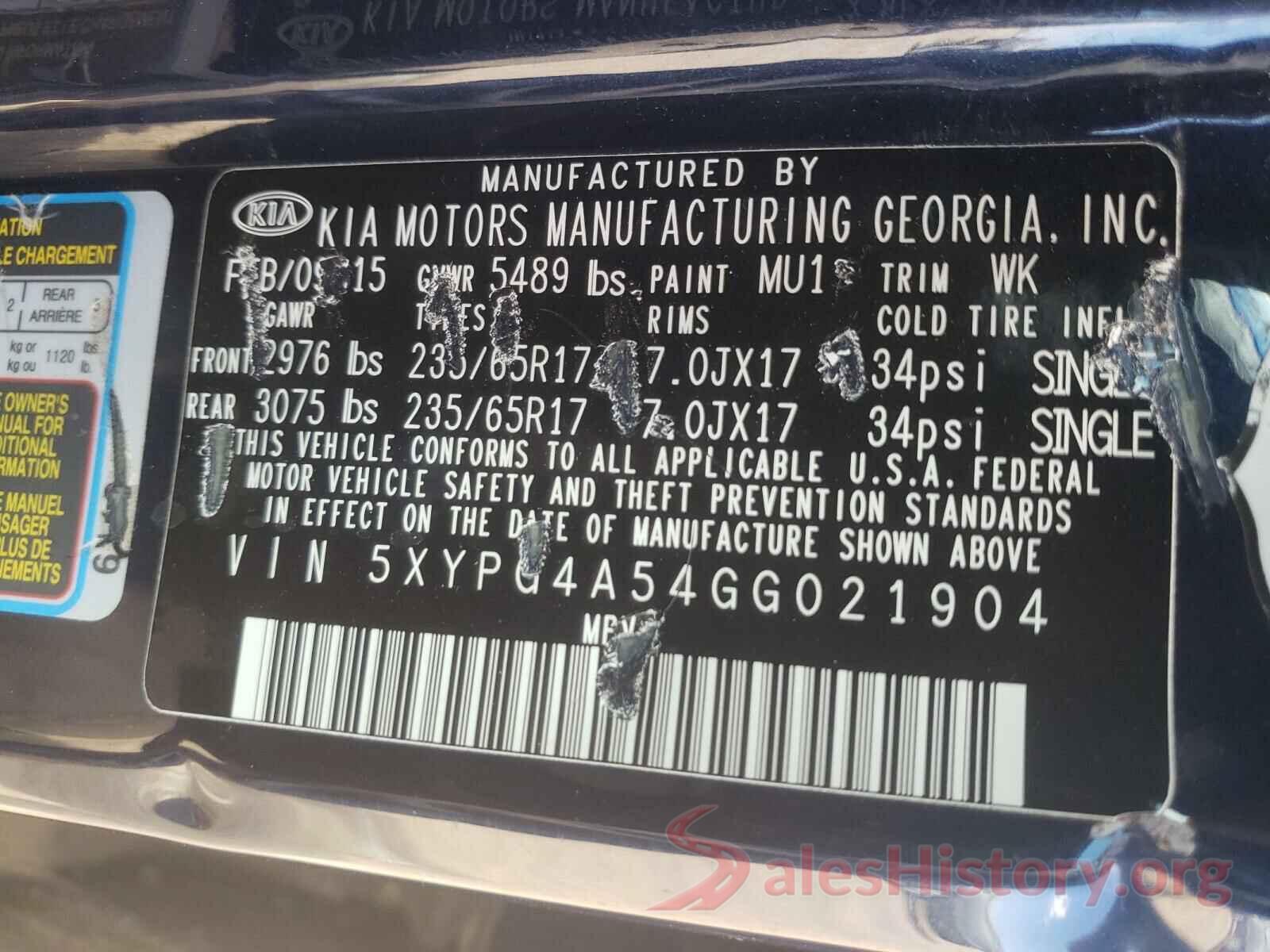 5XYPG4A54GG021904 2016 KIA SORENTO