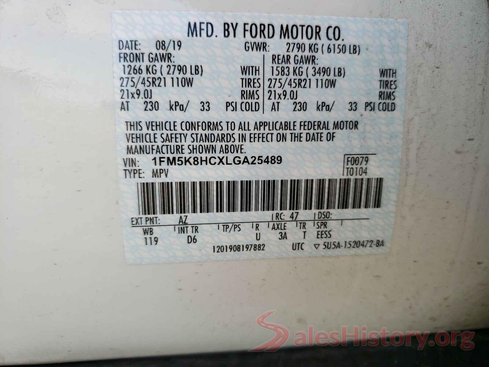 1FM5K8HCXLGA25489 2020 FORD EXPLORER