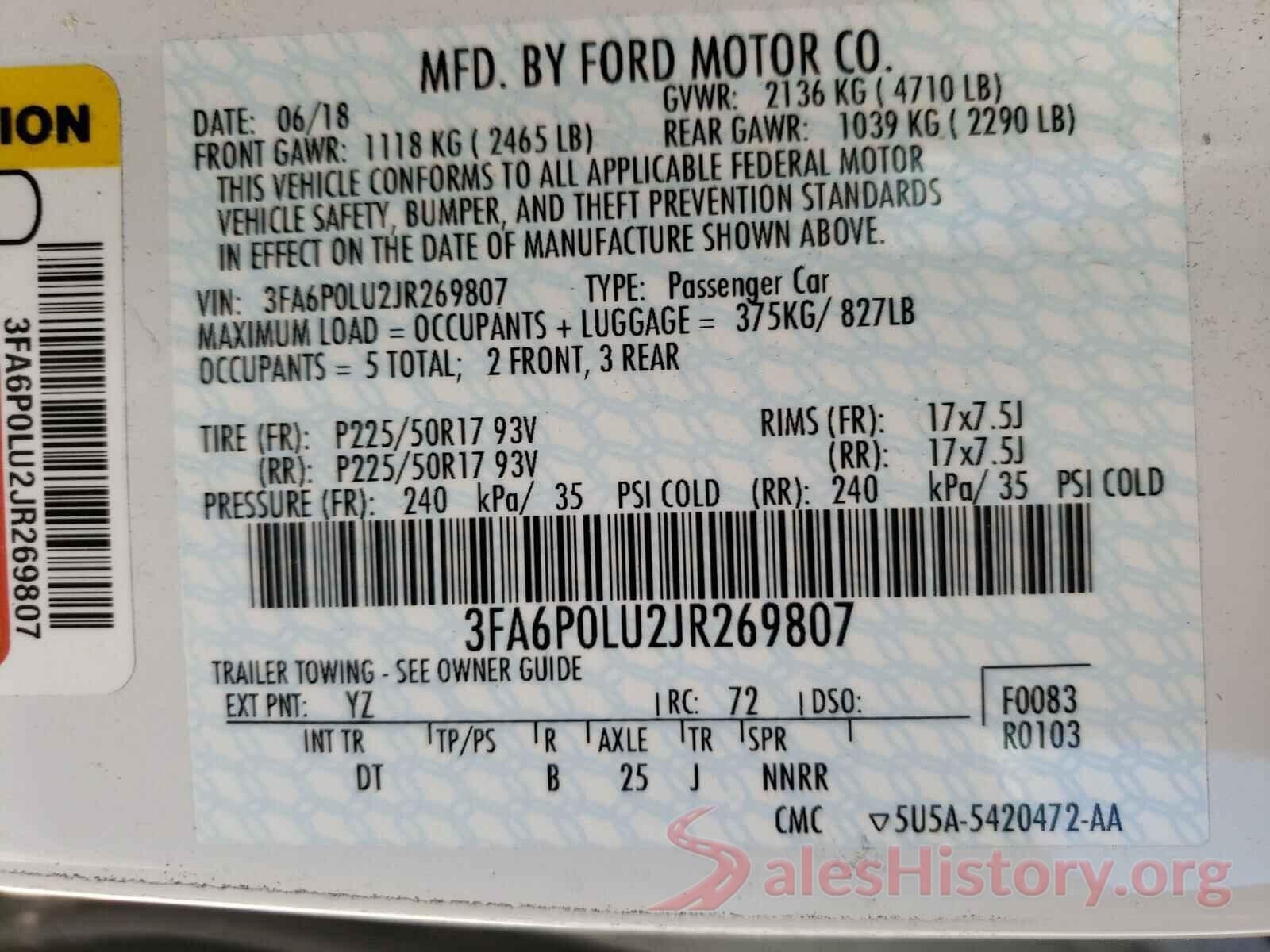 3FA6P0LU2JR269807 2018 FORD FUSION