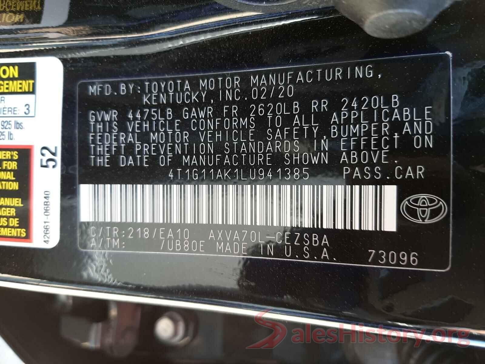 4T1G11AK1LU941385 2020 TOYOTA CAMRY