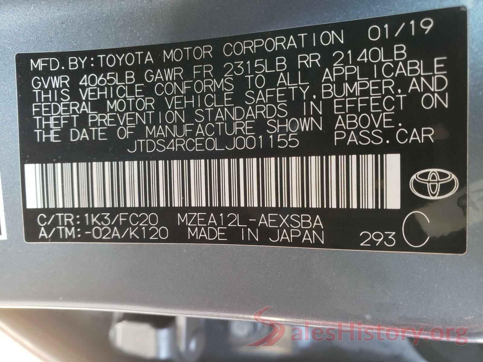 JTDS4RCE0LJ001155 2020 TOYOTA COROLLA