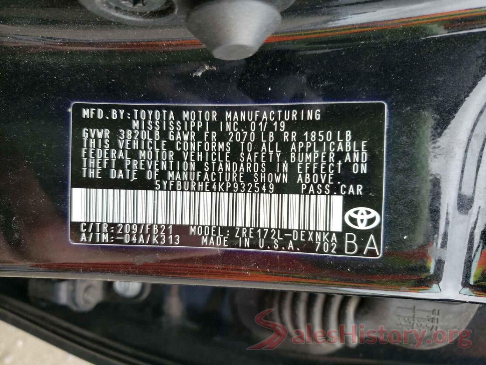 5YFBURHE4KP932549 2019 TOYOTA COROLLA