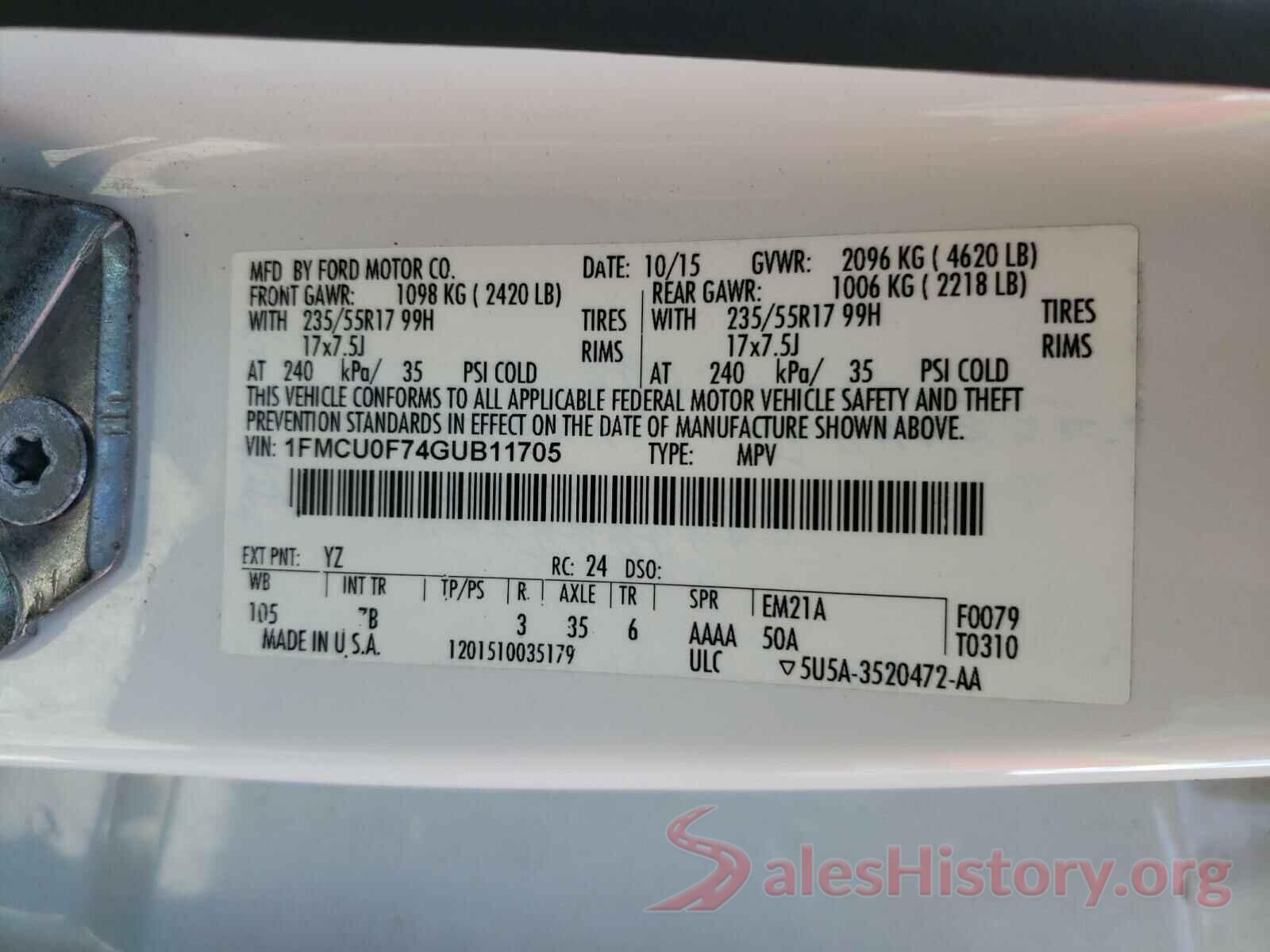 1FMCU0F74GUB11705 2016 FORD ESCAPE