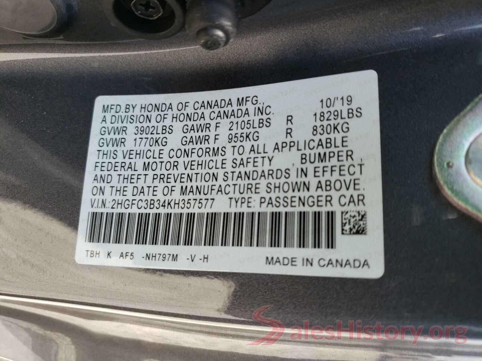 2HGFC3B34KH357577 2019 HONDA CIVIC