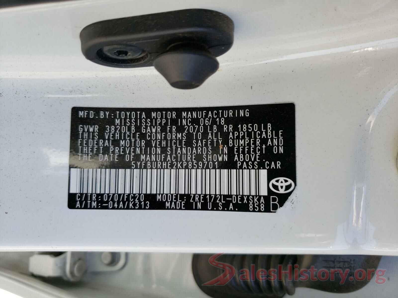 5YFBURHE2KP859701 2019 TOYOTA COROLLA