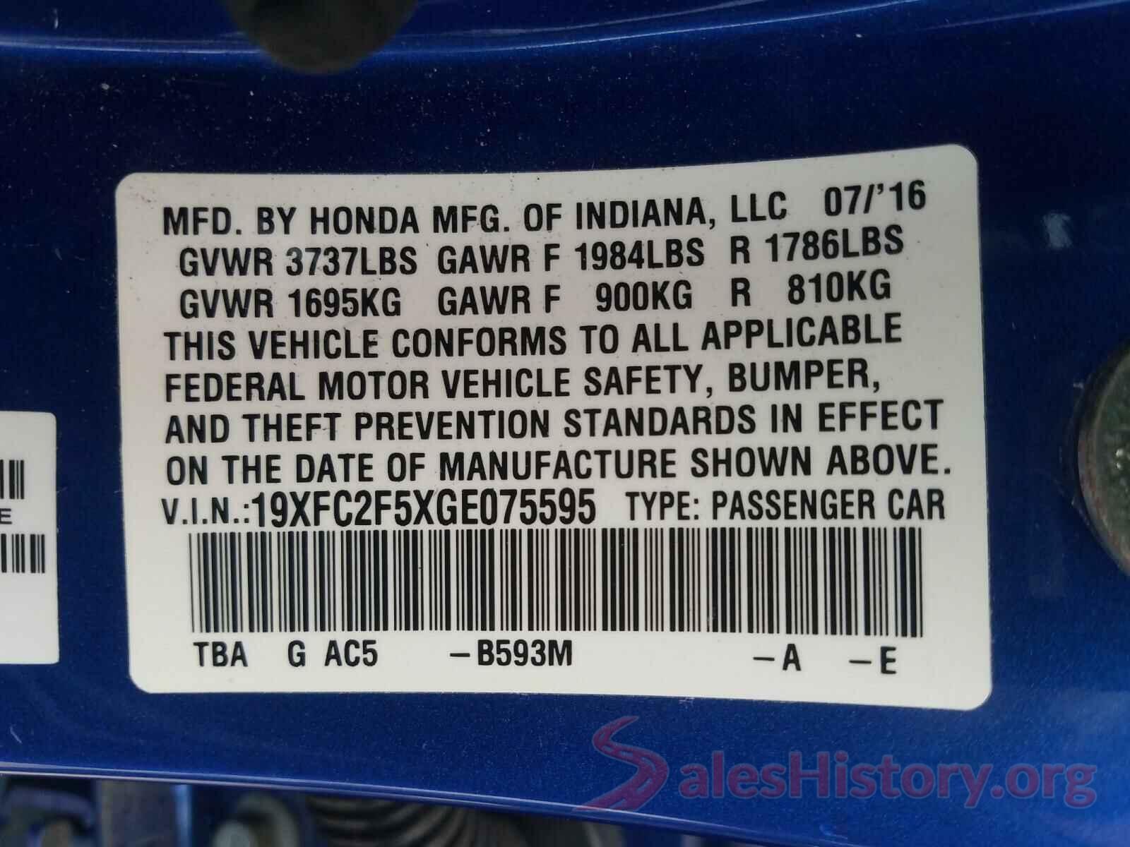 19XFC2F5XGE075595 2016 HONDA CIVIC