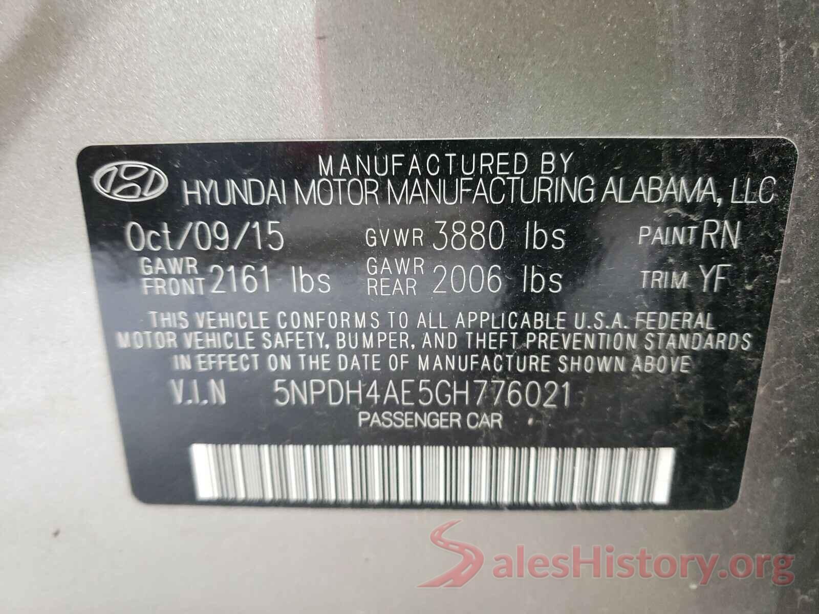 5NPDH4AE5GH776021 2016 HYUNDAI ELANTRA