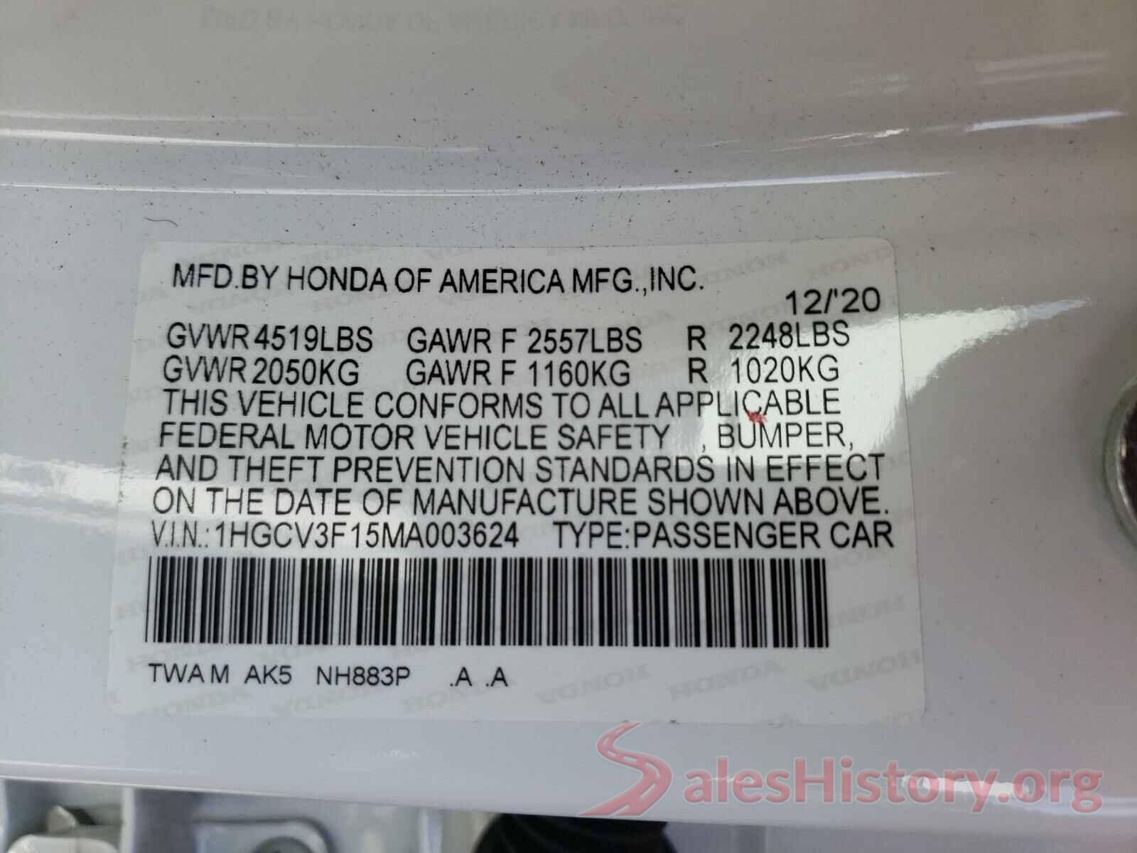 1HGCV3F15MA003624 2021 HONDA ACCORD