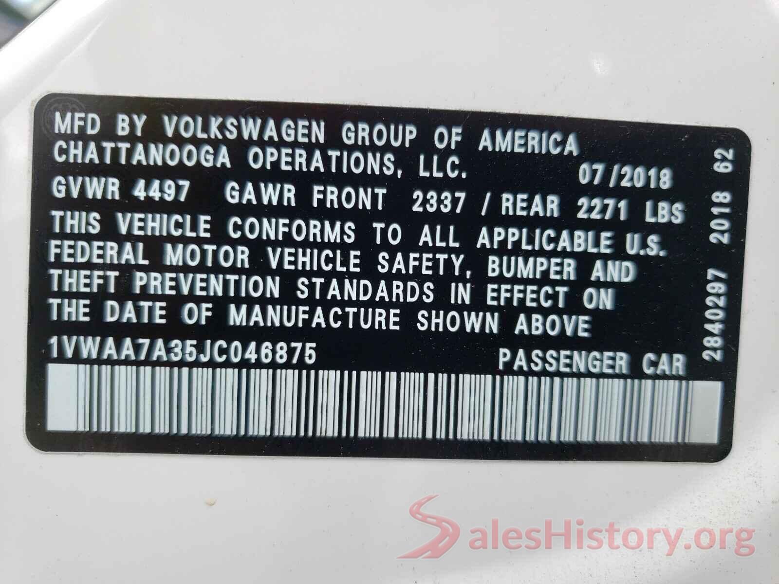 1VWAA7A35JC046875 2018 VOLKSWAGEN PASSAT