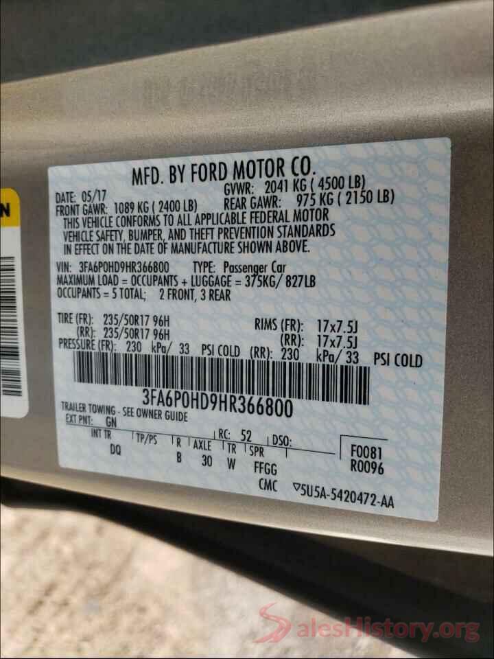 3FA6P0HD9HR366800 2017 FORD FUSION