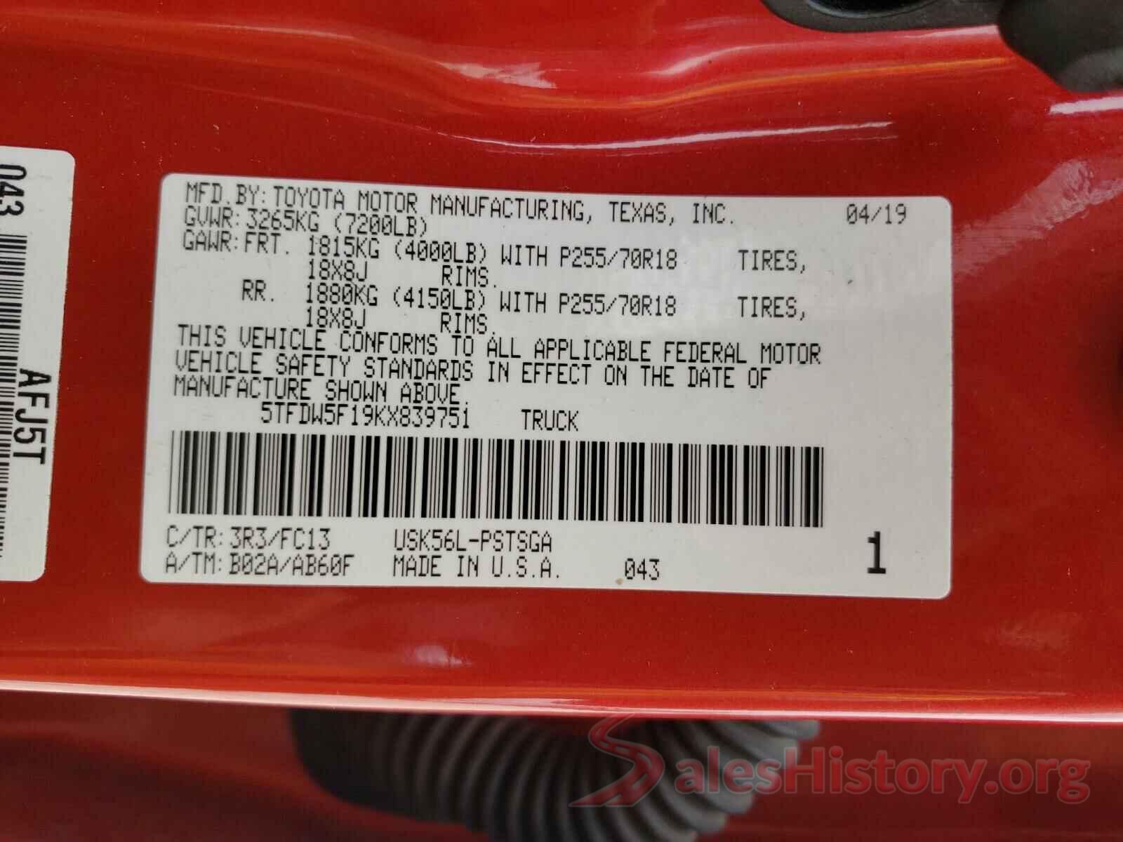 5TFDW5F19KX839751 2019 TOYOTA TUNDRA