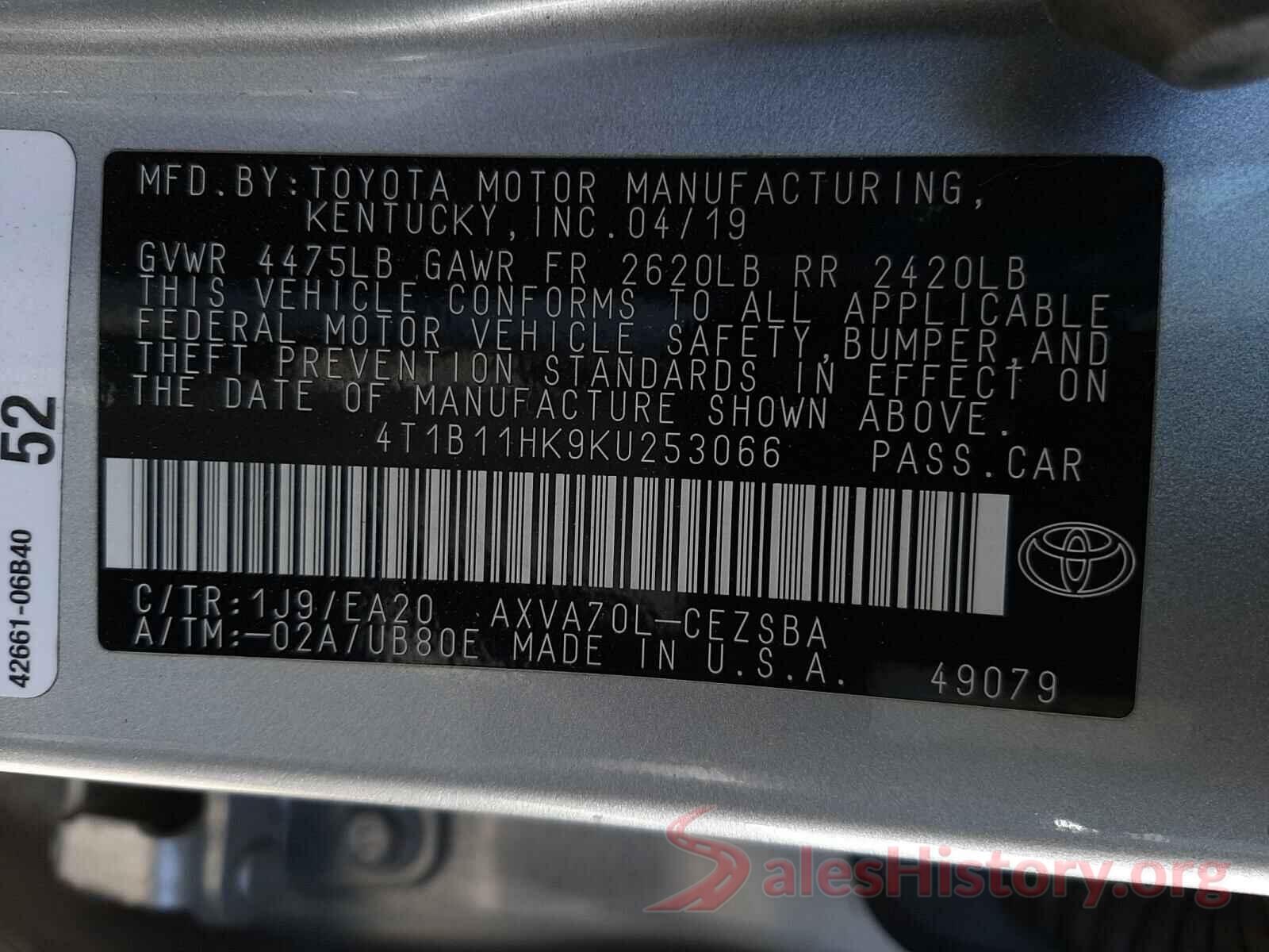 4T1B11HK9KU253066 2019 TOYOTA CAMRY