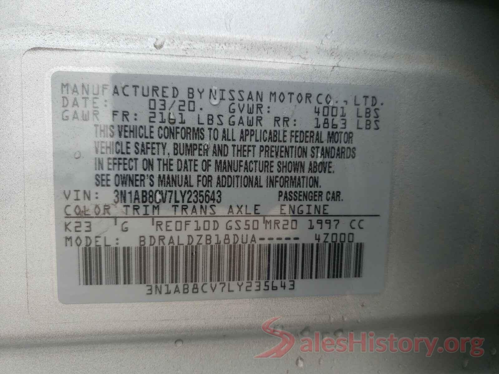 3N1AB8CV7LY235643 2020 NISSAN SENTRA