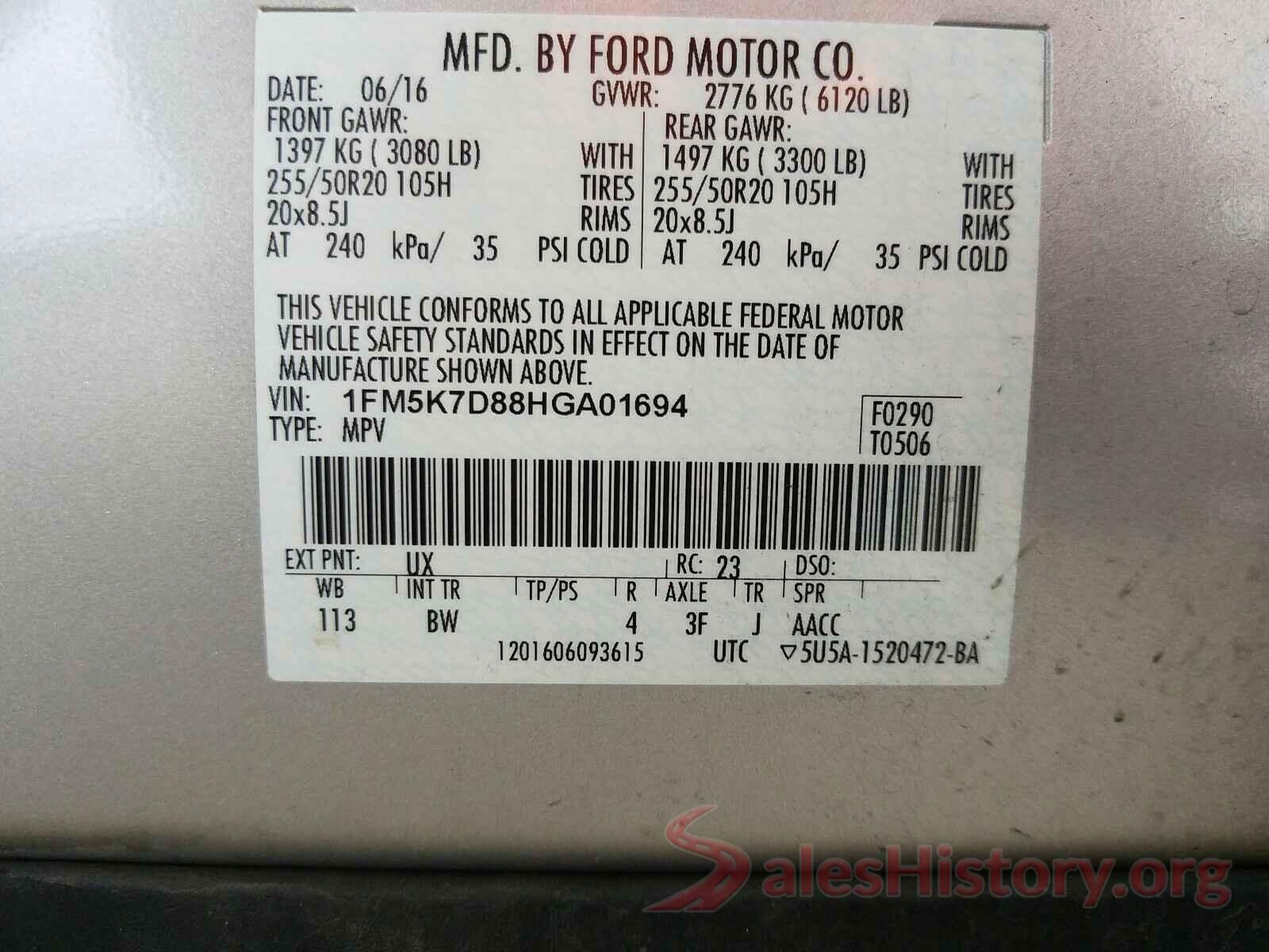 1FM5K7D88HGA01694 2017 FORD EXPLORER