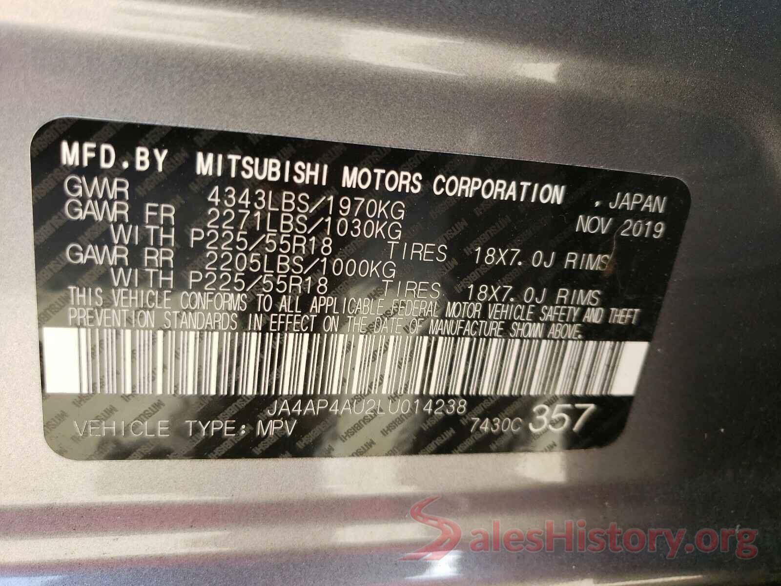 JA4AP4AU2LU014238 2020 MITSUBISHI OUTLANDER