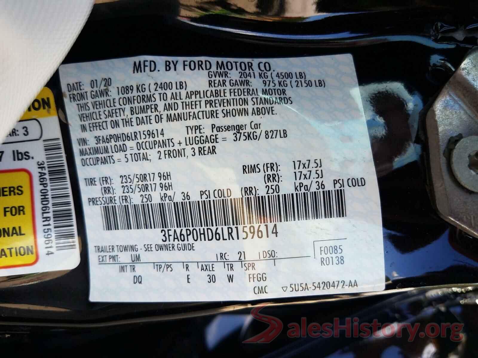 3FA6P0HD6LR159614 2020 FORD FUSION