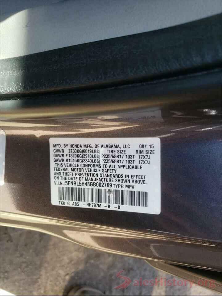 5FNRL5H48GB002769 2016 HONDA ODYSSEY