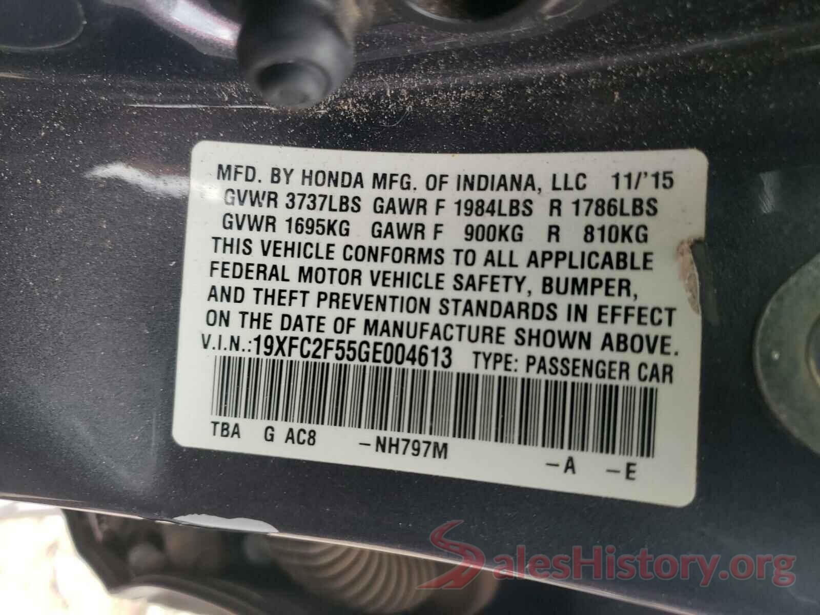 19XFC2F55GE004613 2016 HONDA CIVIC