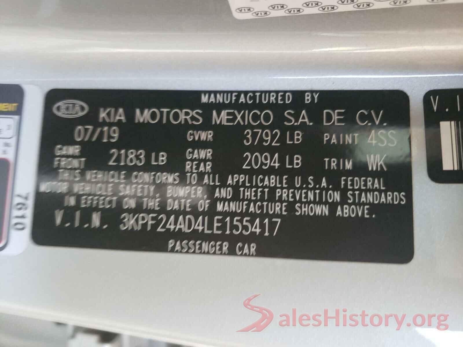 3KPF24AD4LE155417 2020 KIA FORTE