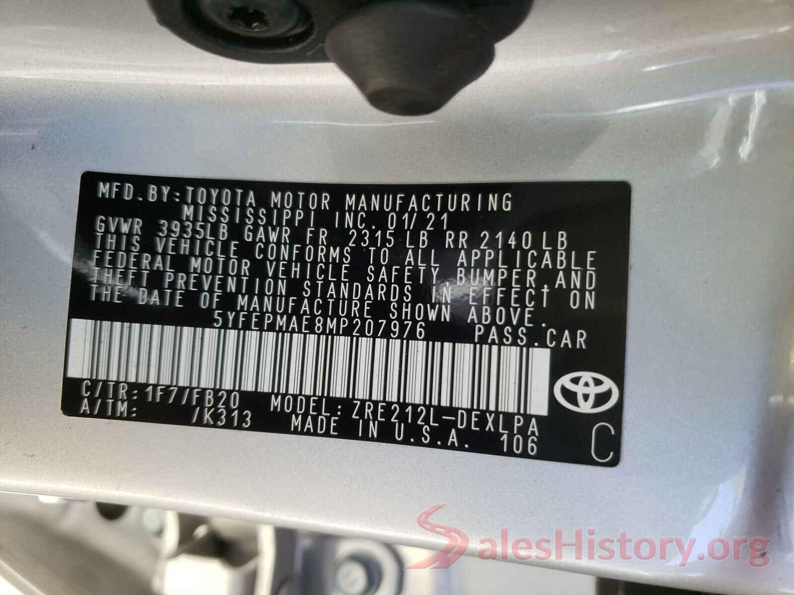 5YFEPMAE8MP207976 2021 TOYOTA COROLLA