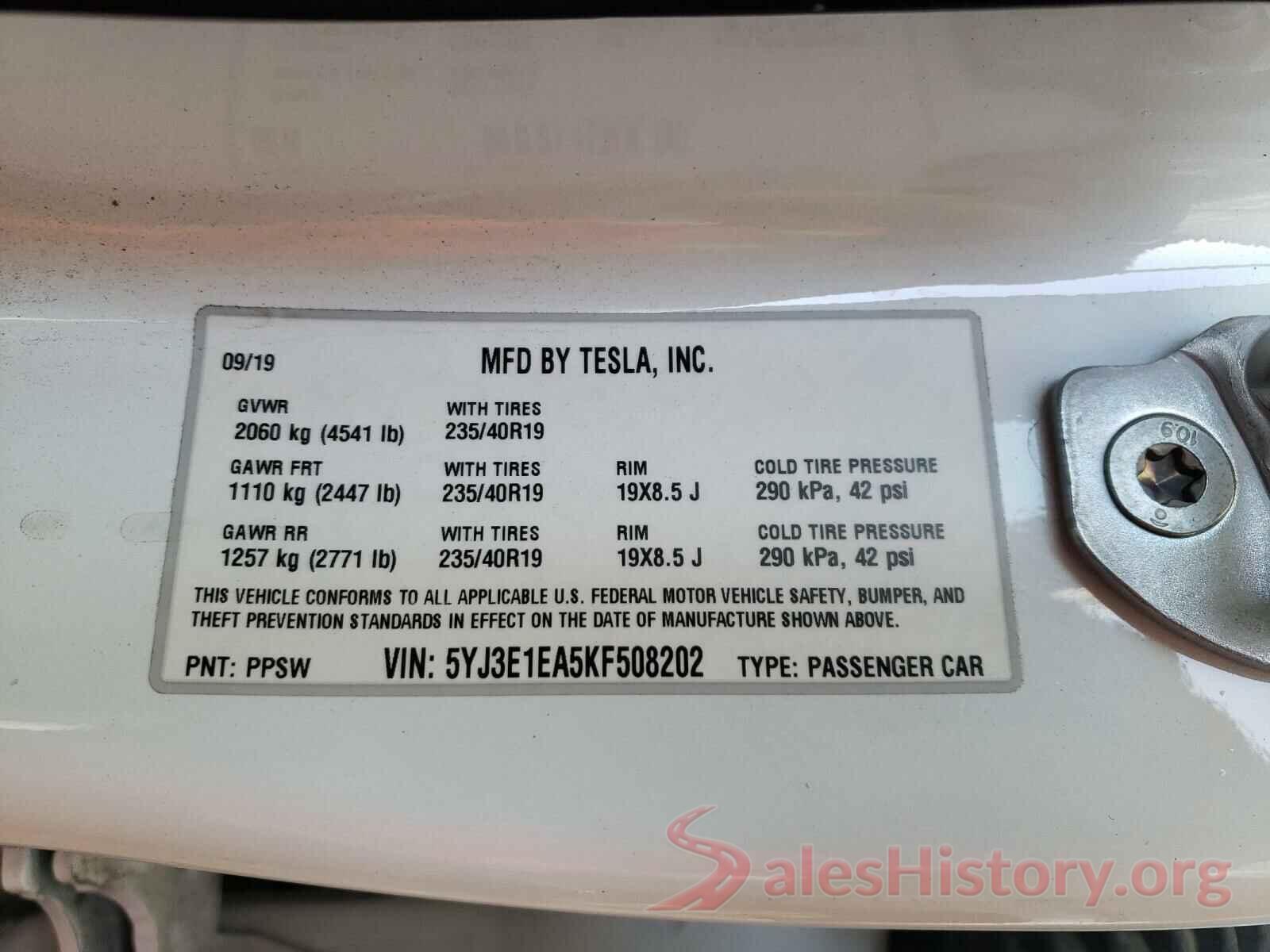 5YJ3E1EA5KF508202 2019 TESLA MODEL 3