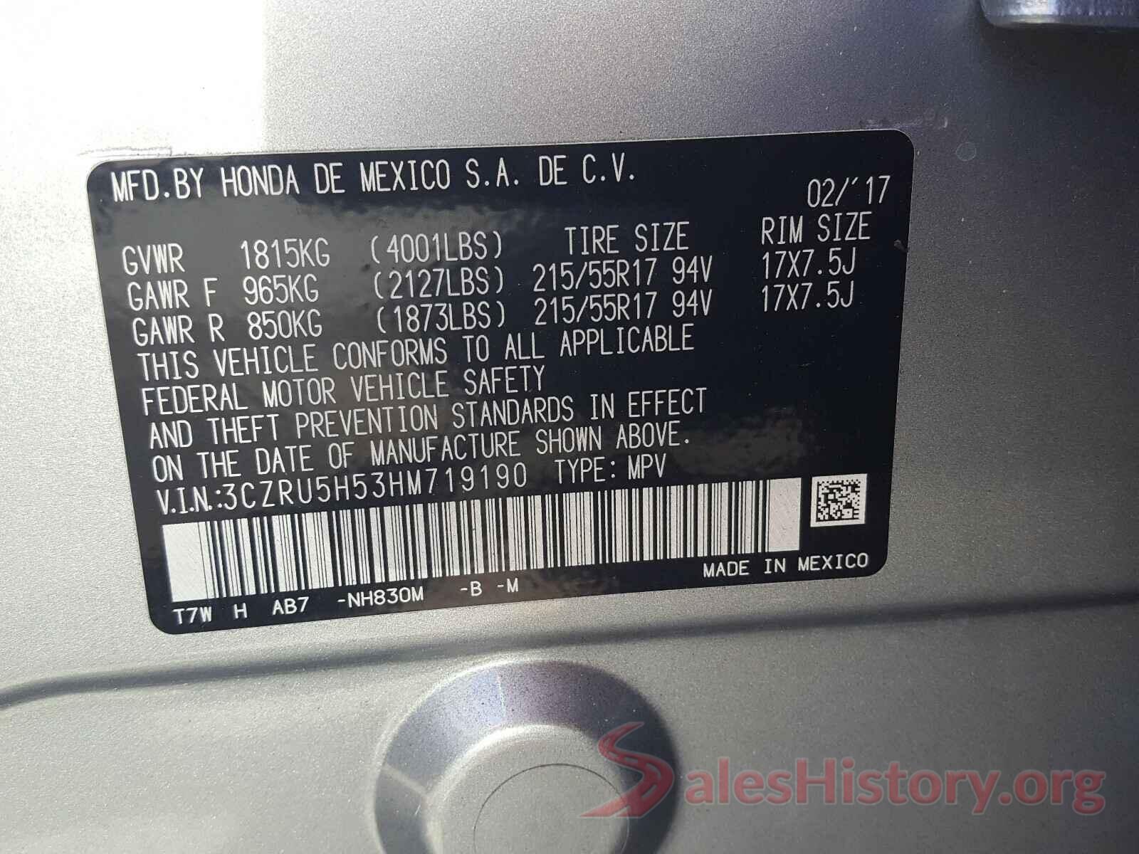 3CZRU5H53HM719190 2017 HONDA HR-V