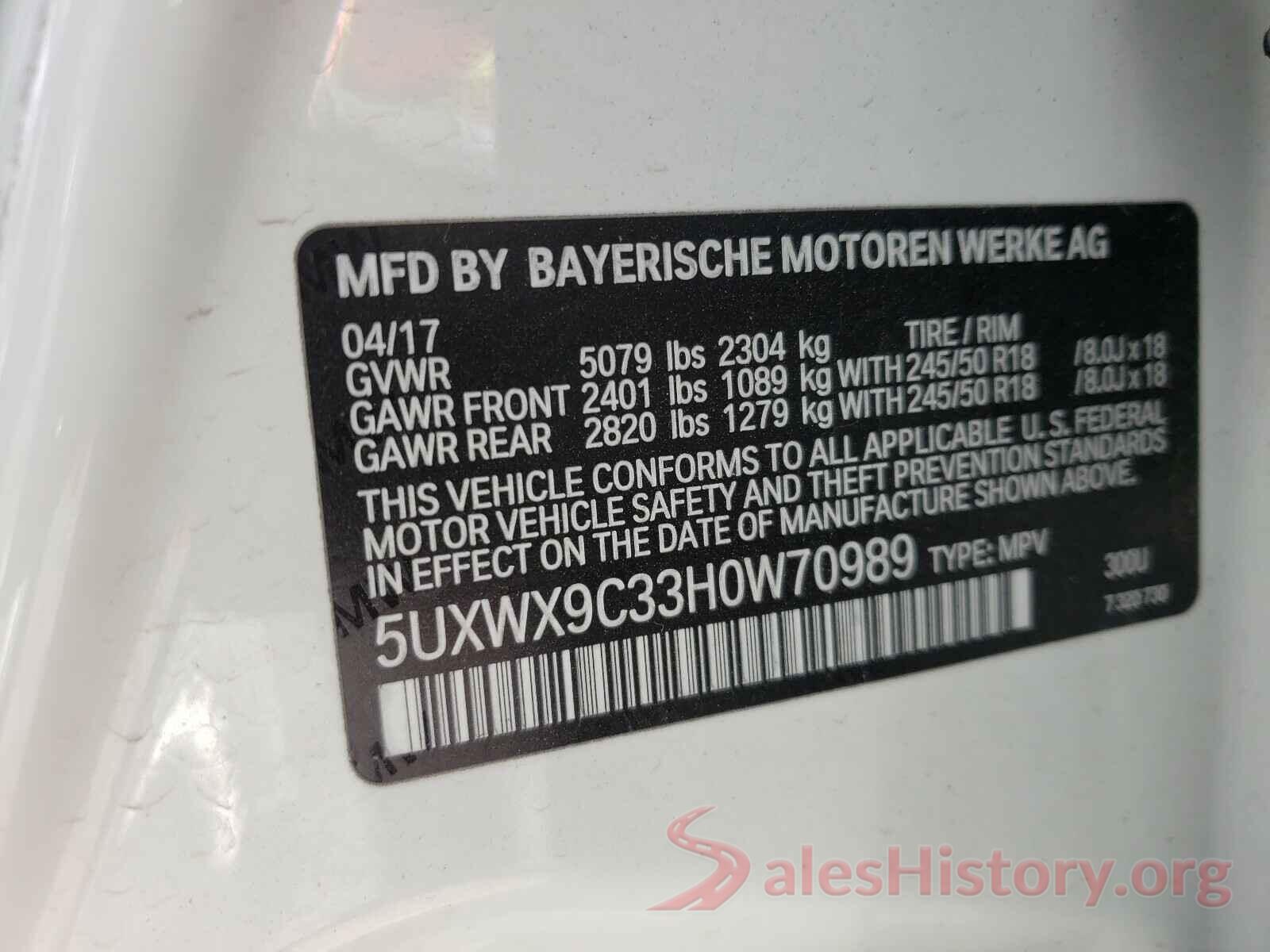 5UXWX9C33H0W70989 2017 BMW X3