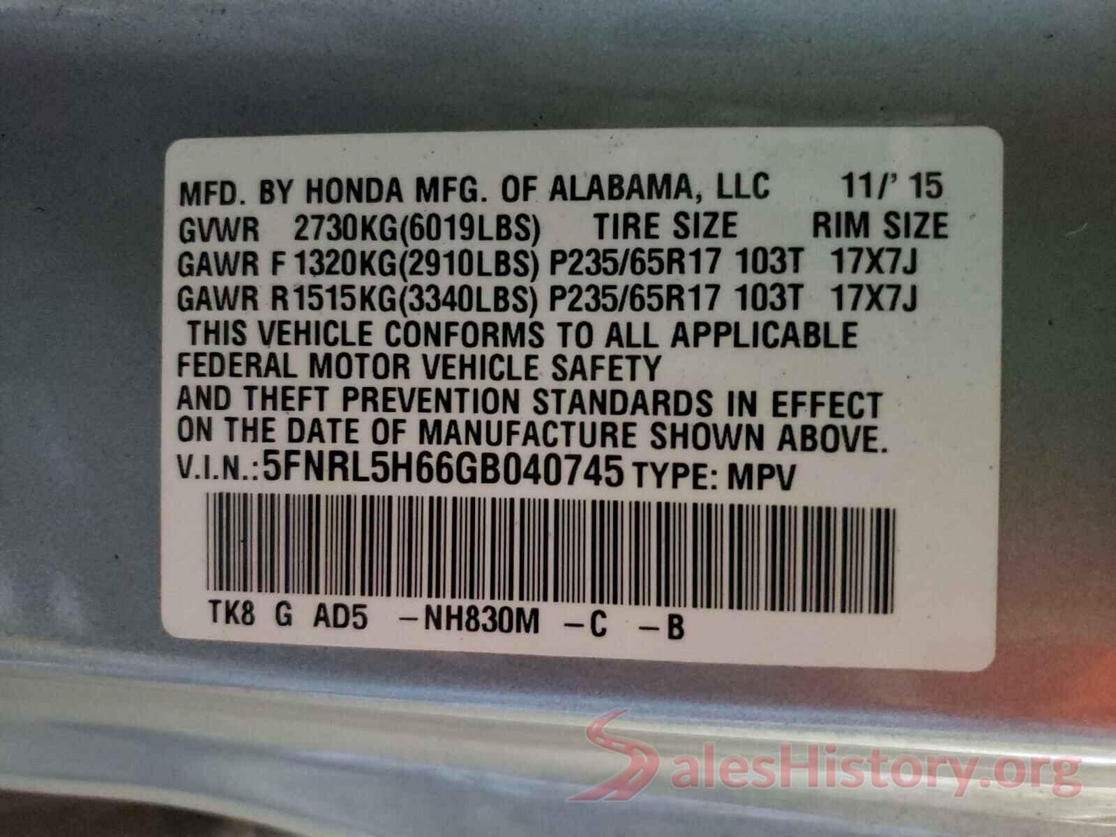 5FNRL5H66GB040745 2016 HONDA ODYSSEY