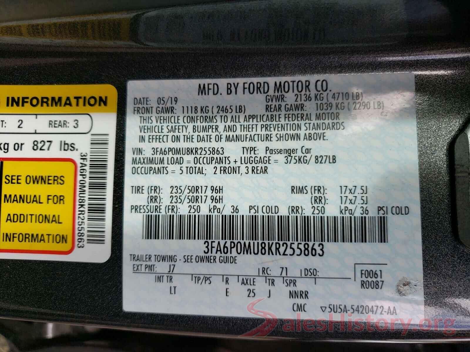 3FA6P0MU8KR255863 2019 FORD FUSION