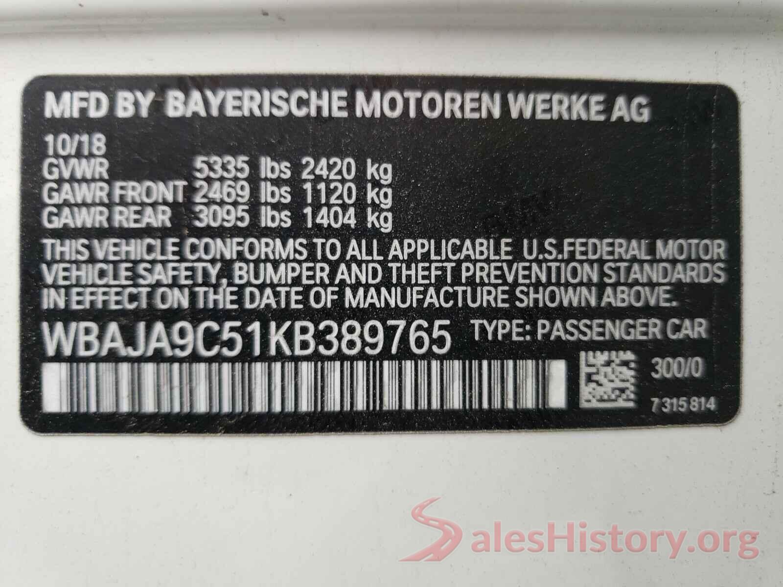 WBAJA9C51KB389765 2019 BMW 5 SERIES