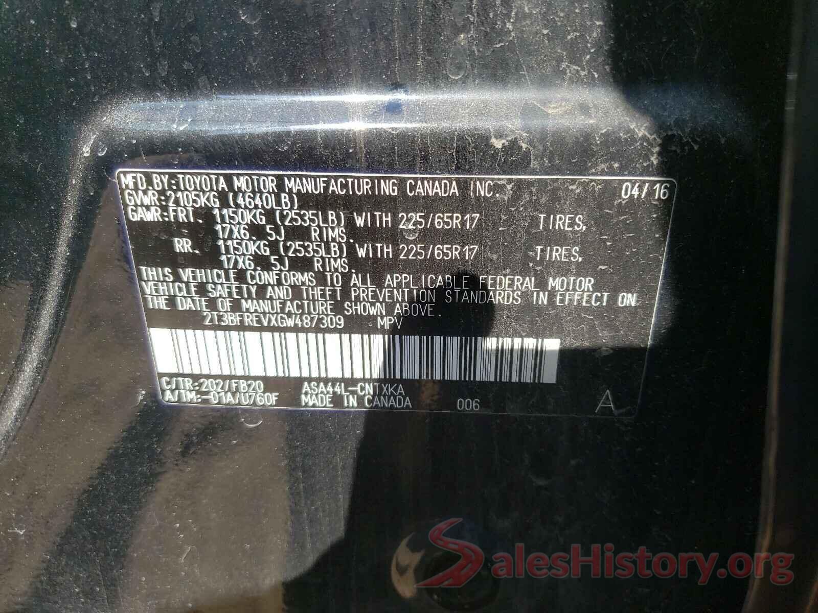 2T3BFREVXGW487309 2016 TOYOTA RAV4