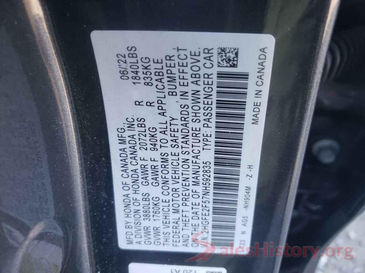 2HGFE2F57NH592835 2022 HONDA CIVIC