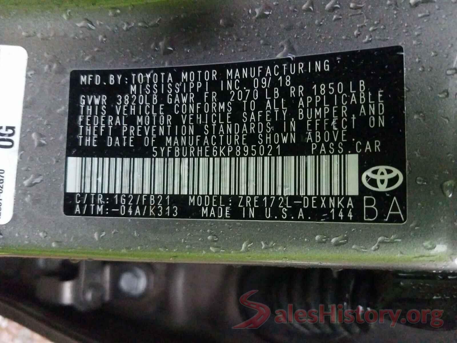 5YFBURHE6KP895021 2019 TOYOTA COROLLA