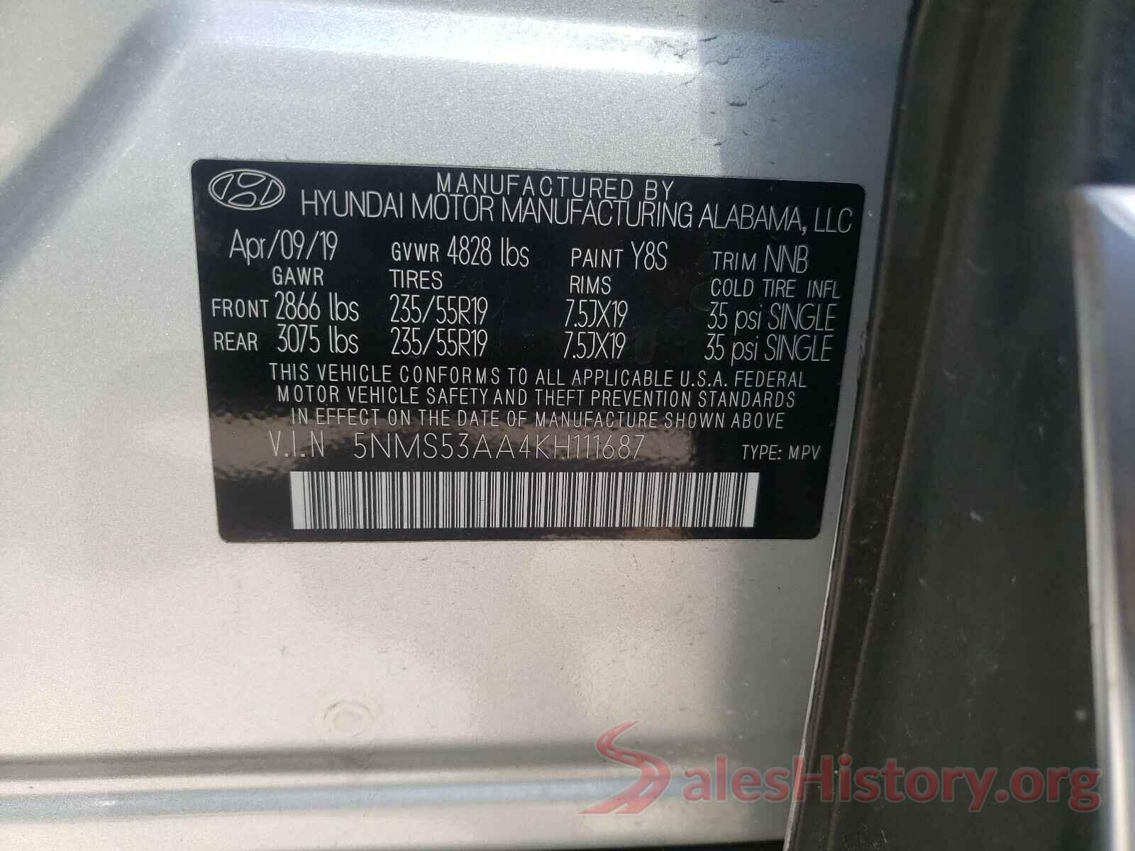 5NMS53AA4KH111687 2019 HYUNDAI SANTA FE