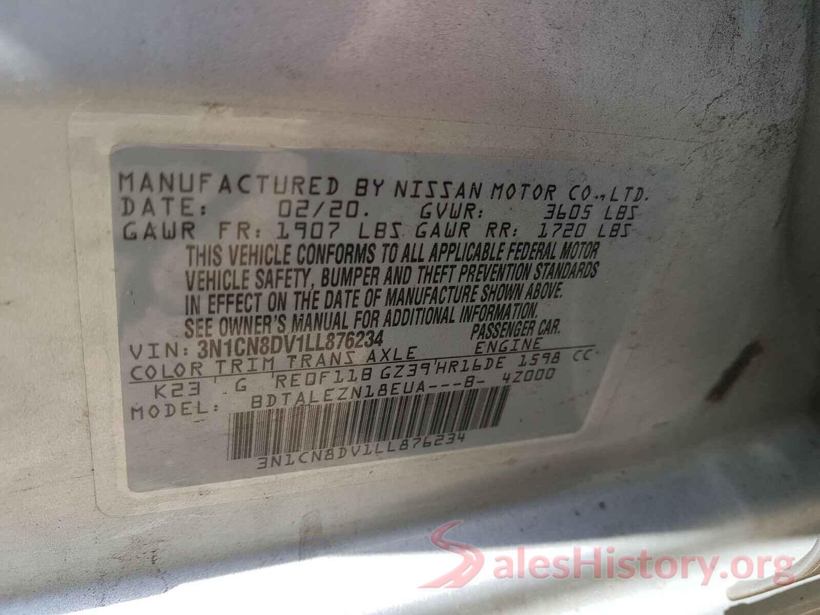 3N1CN8DV1LL876234 2020 NISSAN VERSA