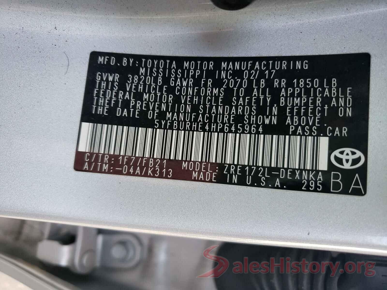 5YFBURHE4HP645964 2017 TOYOTA COROLLA