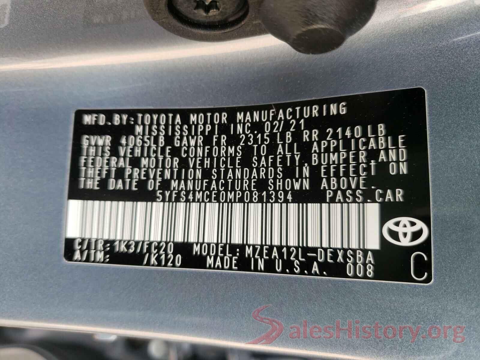 5YFS4MCE0MP081394 2021 TOYOTA COROLLA