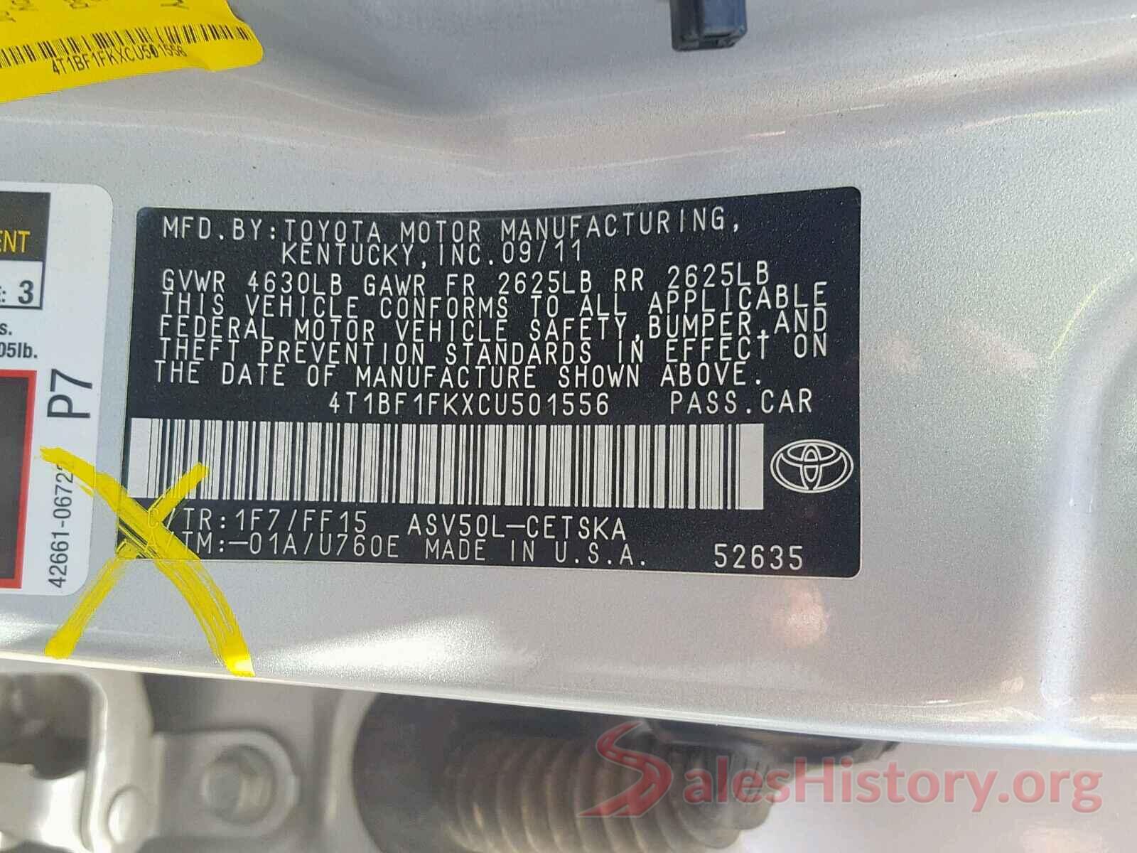 4T1BF1FKXCU501556 2012 TOYOTA CAMRY BASE