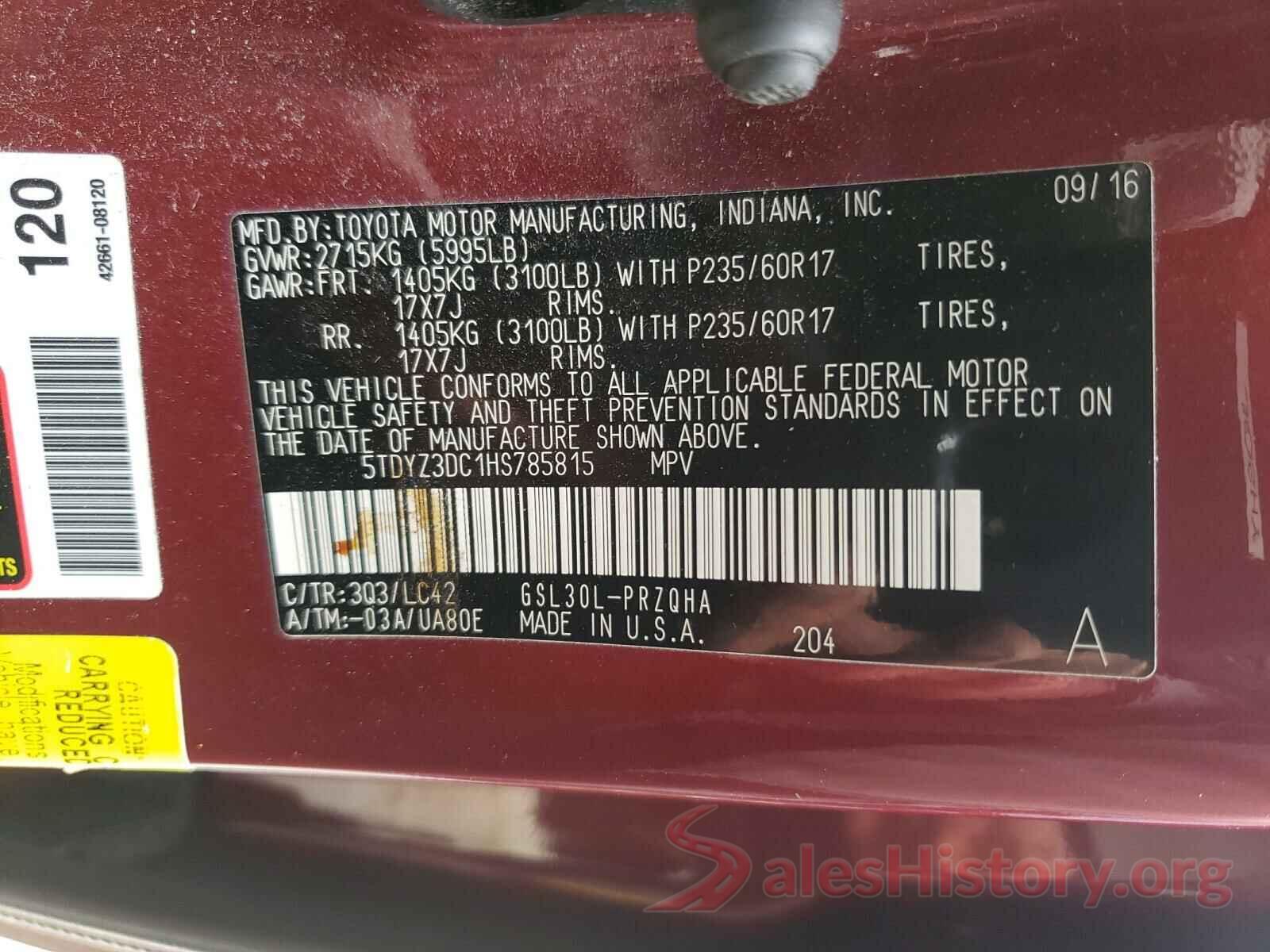 5TDYZ3DC1HS785815 2017 TOYOTA SIENNA