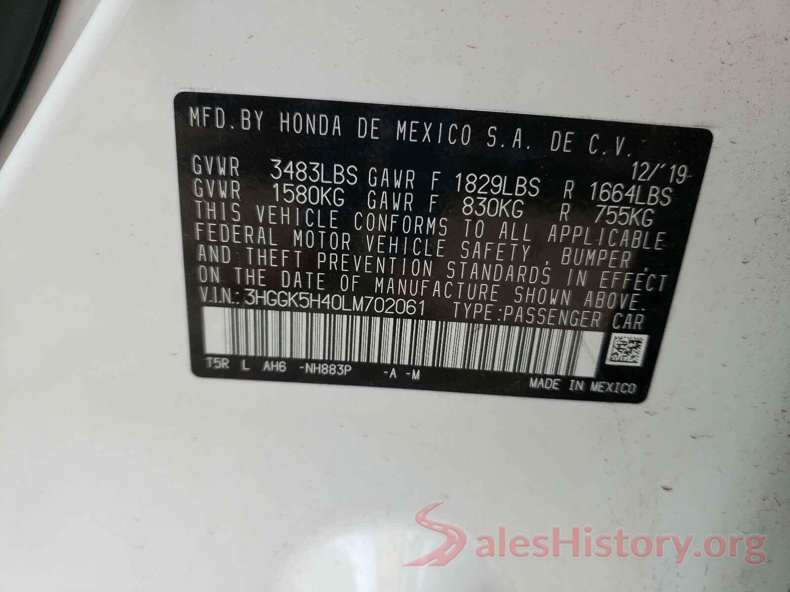 3HGGK5H40LM702061 2020 HONDA FIT