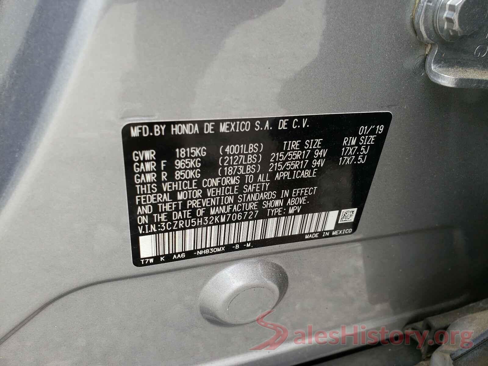 3CZRU5H32KM706727 2019 HONDA HR-V