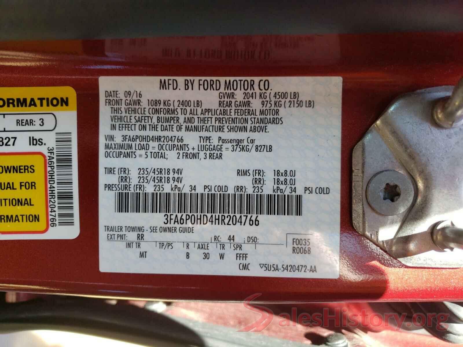 3FA6P0HD4HR204766 2017 FORD FUSION