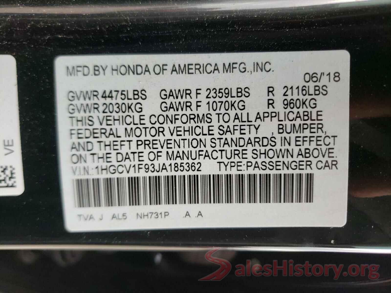 1HGCV1F93JA185362 2018 HONDA ACCORD