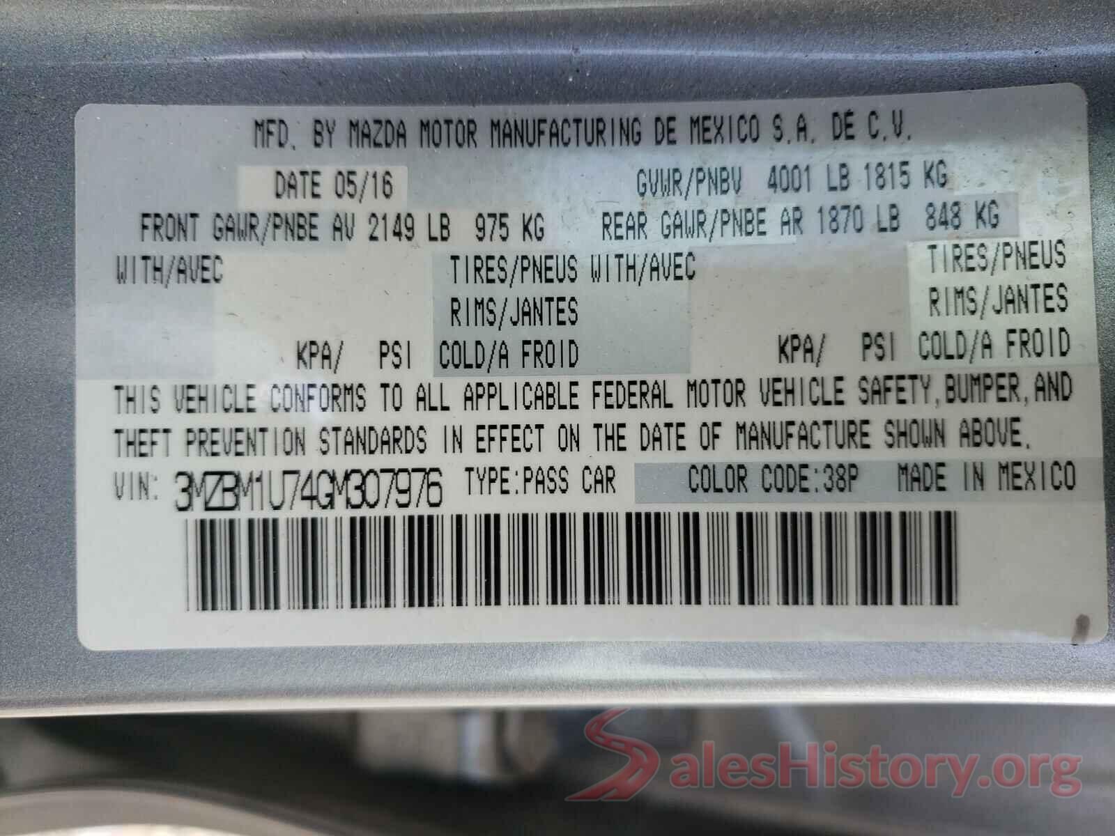 3MZBM1U74GM307976 2016 MAZDA 3