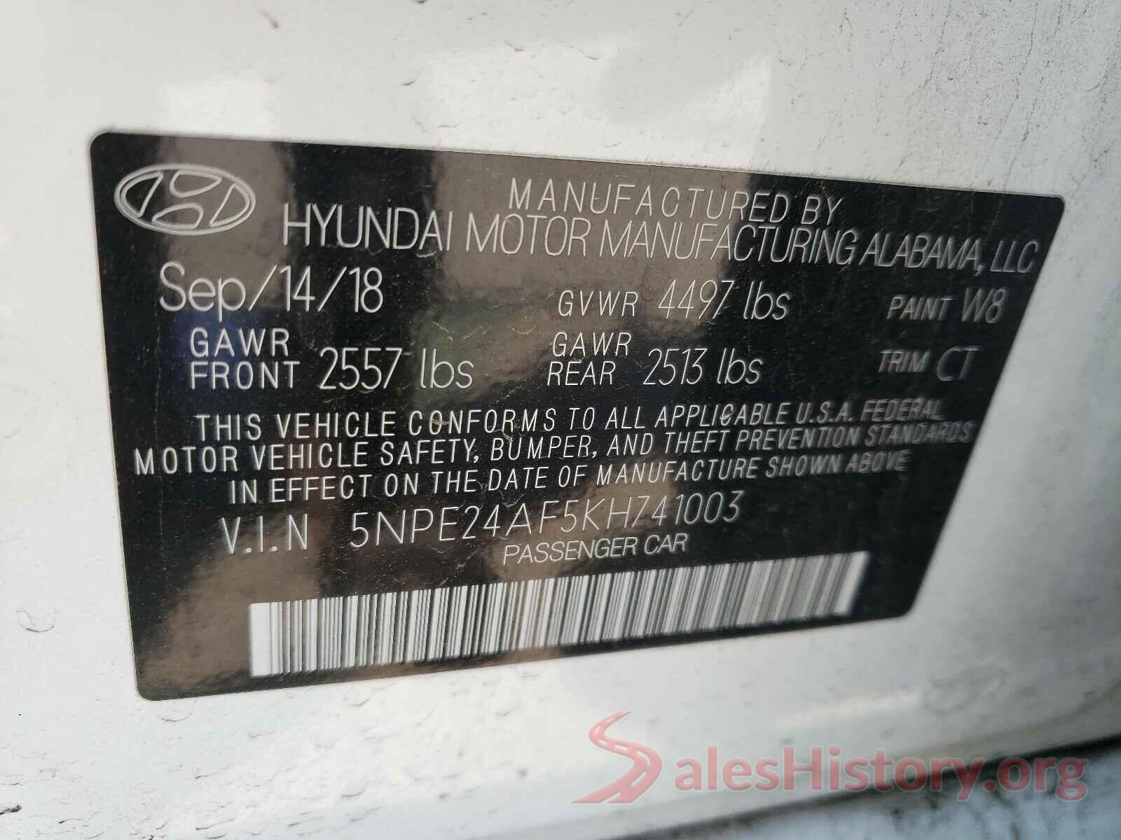 5NPE24AF5KH741003 2019 HYUNDAI SONATA