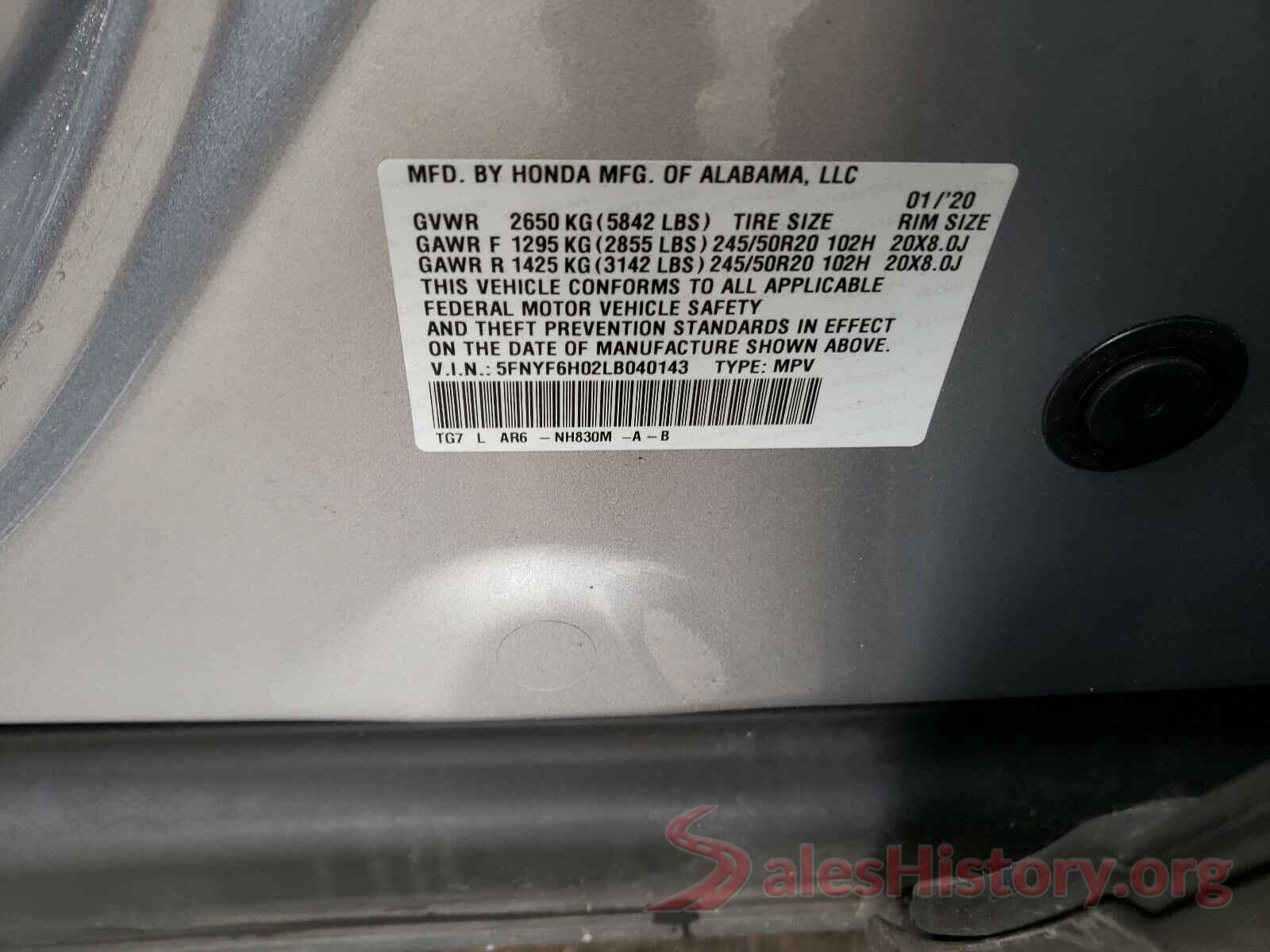 5FNYF6H02LB040143 2020 HONDA PILOT